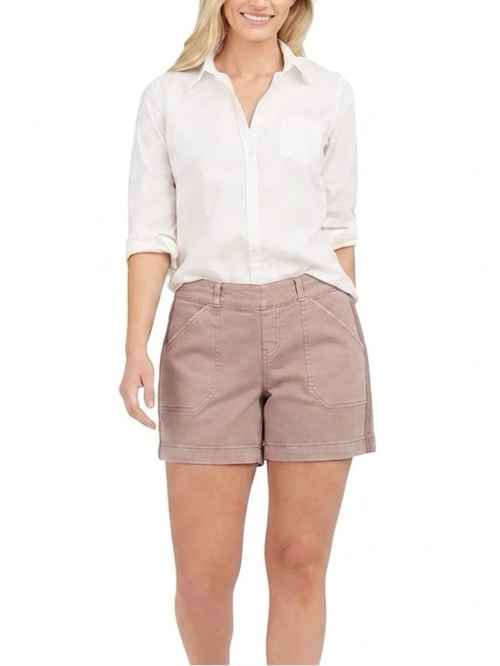 Spanx Stretch Twill Shorts Size Medium Mauve Pull On Elastic Waist Tummy Control